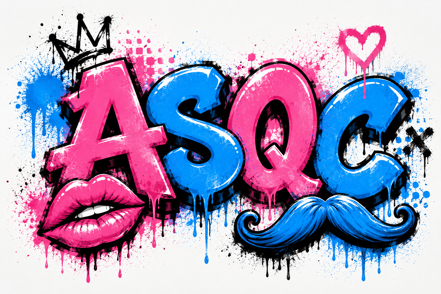 Colorful graffiti-style ASQC logo in pink and blue with paint splatter, lips, a crown, heart, and mustache graphics.